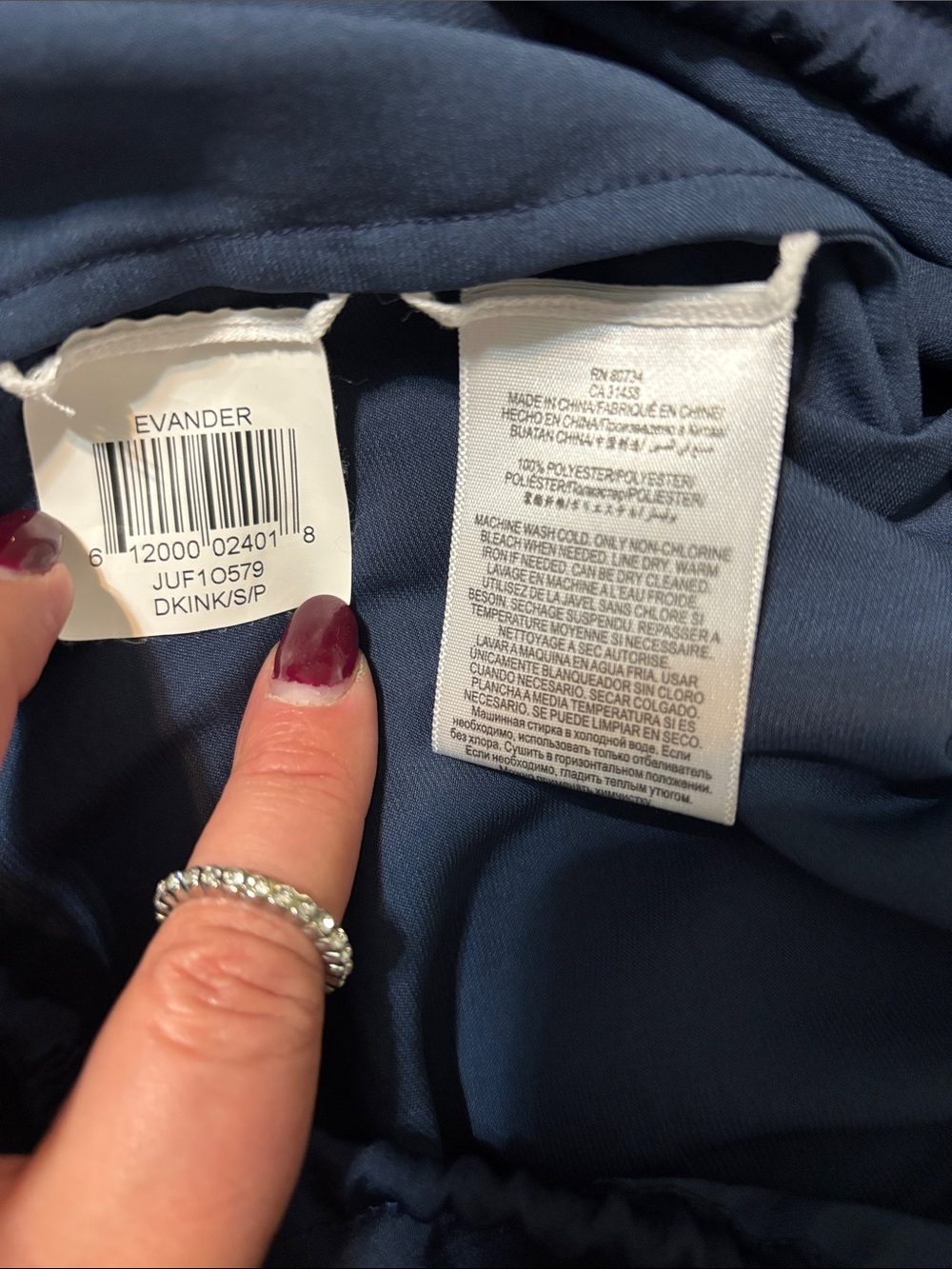 BCBG Blouse Navy Satin V-Neck Drawstring Waist Small 3/4 Sleeve - Picture 5 of 8